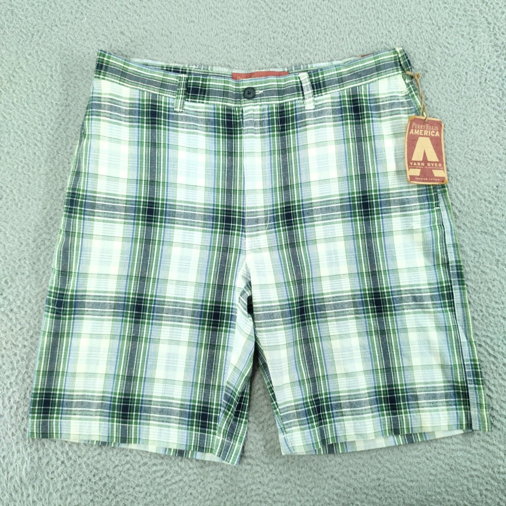 Perry Ellis America Shorts Mens 36 Green Madras Plaid 11 Inch Chino Preppy NEW